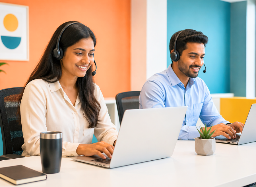 A female and male customer support agent wearing headsets, smiling while working on laptops.