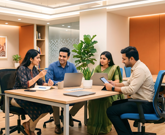 A diverse team of professionals in smart-casual and traditional business attire collaborating in a modern, sunlit office around a wooden conference table.