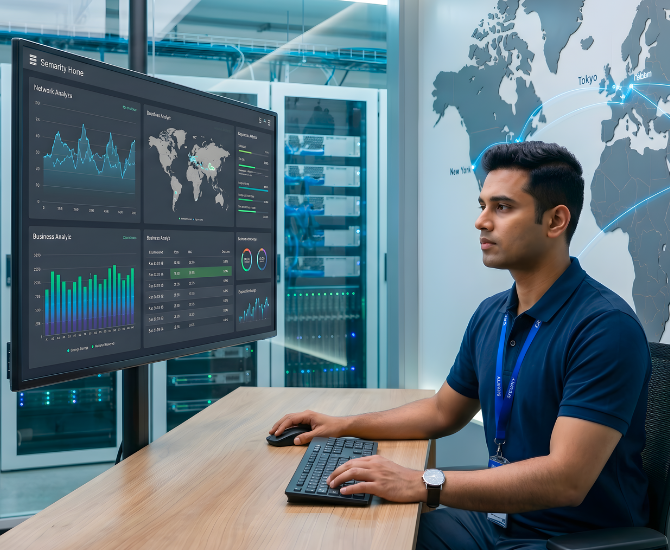 A professional IT expert in smart-casual attire monitoring a global performance network