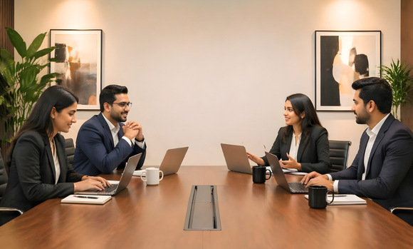 A professional team in formal business attire collaborating in a modern conference room