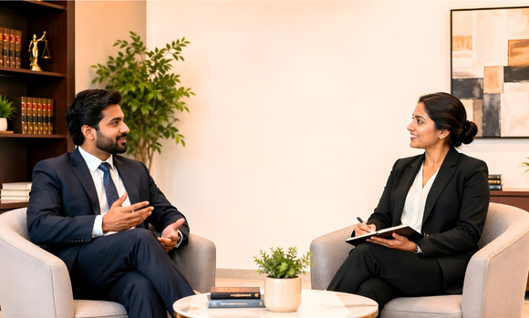 Two professionals in formal business attire engaged in a serious discussion