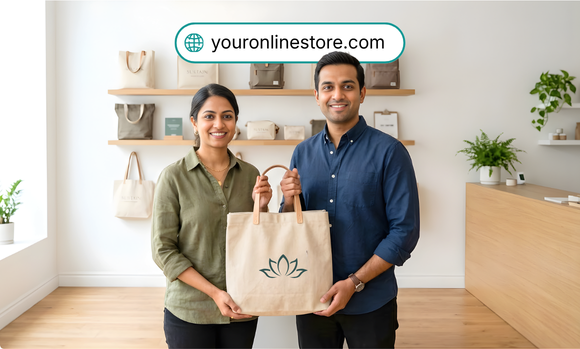 Two business owners showcasing bags after registering their domain and launching their eCommerce business website