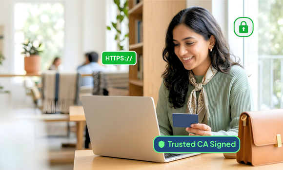 Woman securely accessing an eCommerce website protected with SSL certificates for safe online shopping and encrypted transactions